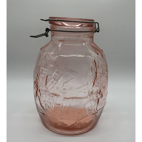 Vintage Pink Wire Bail Storage Jar Farmhouse Cows Hay Wagon Farm Read - Picture 1 of 11